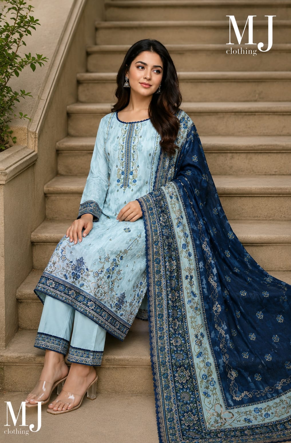 ✨💙 MJ Clothing Premium Casual Wear Collection – Embroidered 3-Piece Suit