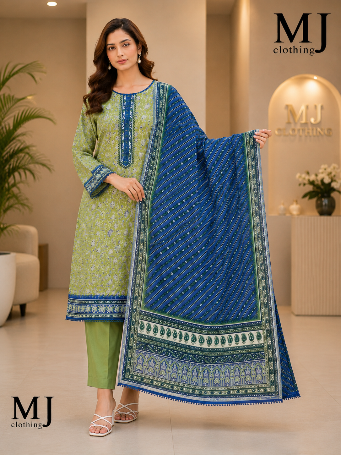 MJ Clothing Olive Green Floral 3 Piece Stitched Suit | Premium Casual Wear