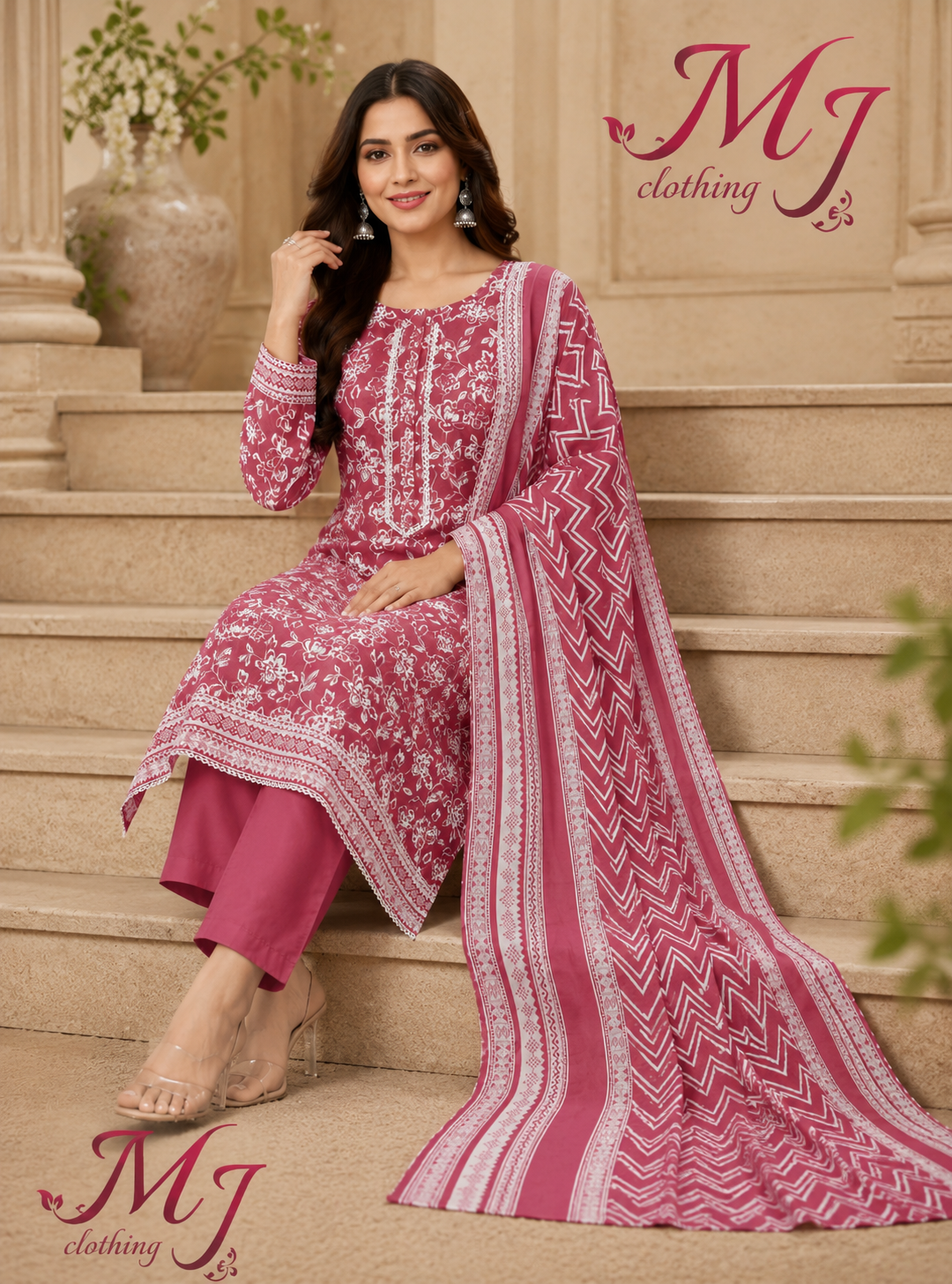 🌸 MJ Clothing | Pink Floral Printed Kurta Set – Casual Wear & Festive Wear ✨