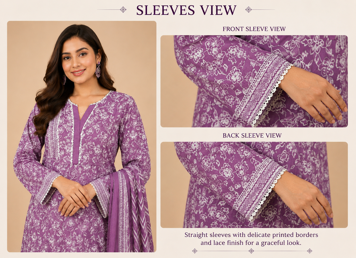 MJ Clothing Premium Purple Floral Printed Lawn 3 Piece Suit with Chevron Dupatta – Casual Wear