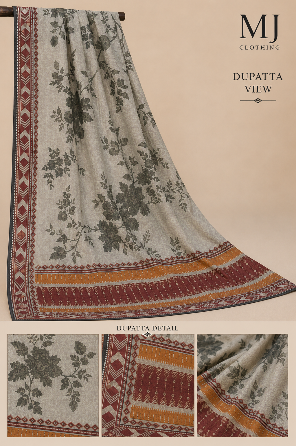 MJ Clothing Premium 3 Piece Stitched Lawn Suit – Mustard, Maroon, Grey & Off-White Printed Casual Wear with Dupatta