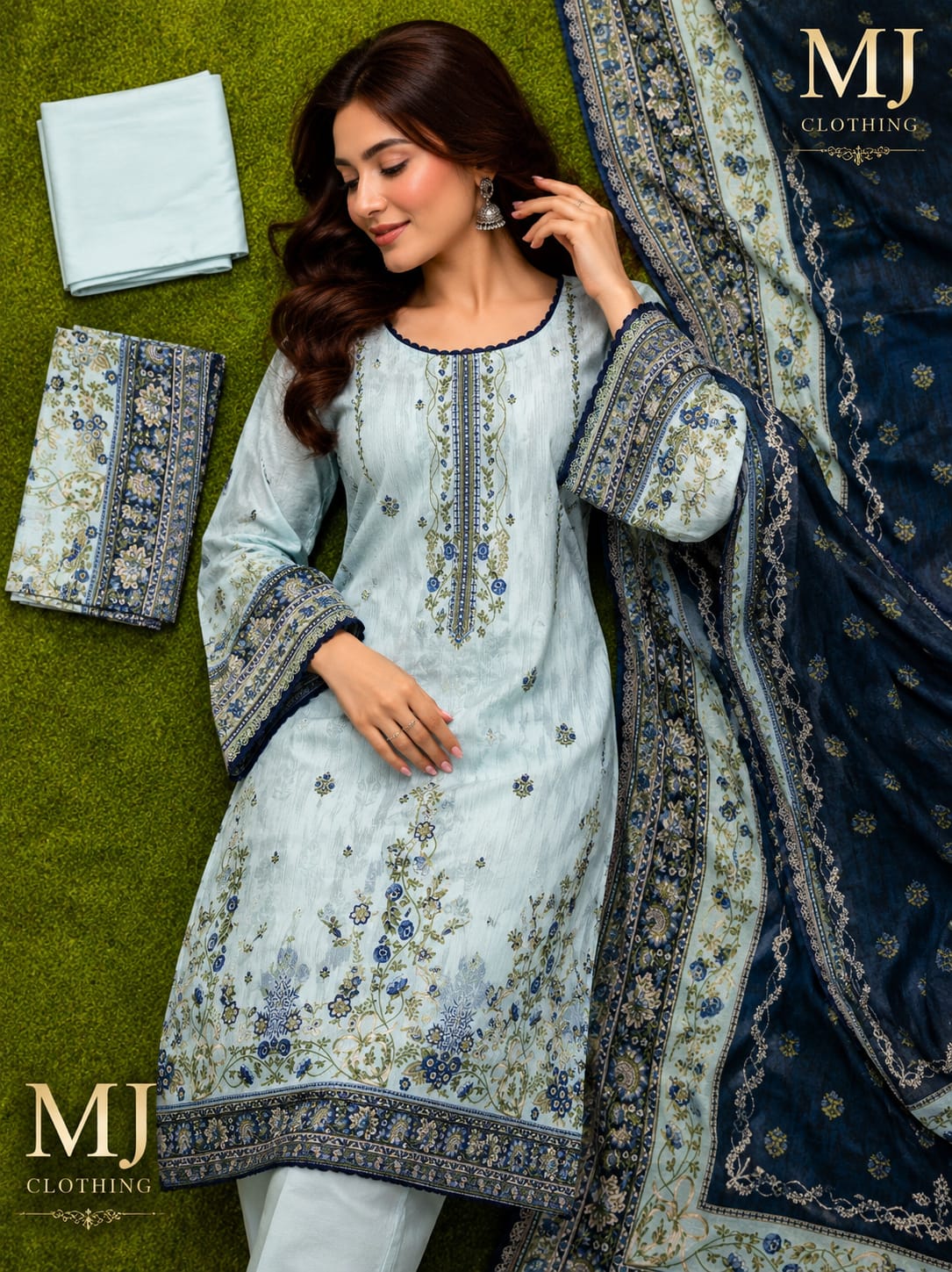 ✨💙 MJ Clothing Premium Casual Wear Collection – Embroidered 3-Piece Suit