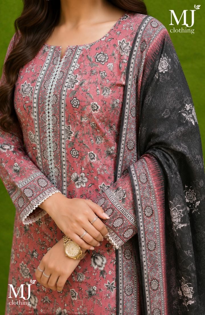 MJ Clothing Premium Pink Floral Printed 3-Piece Casual Wear Lawn Suit with Chiffon Dupatta