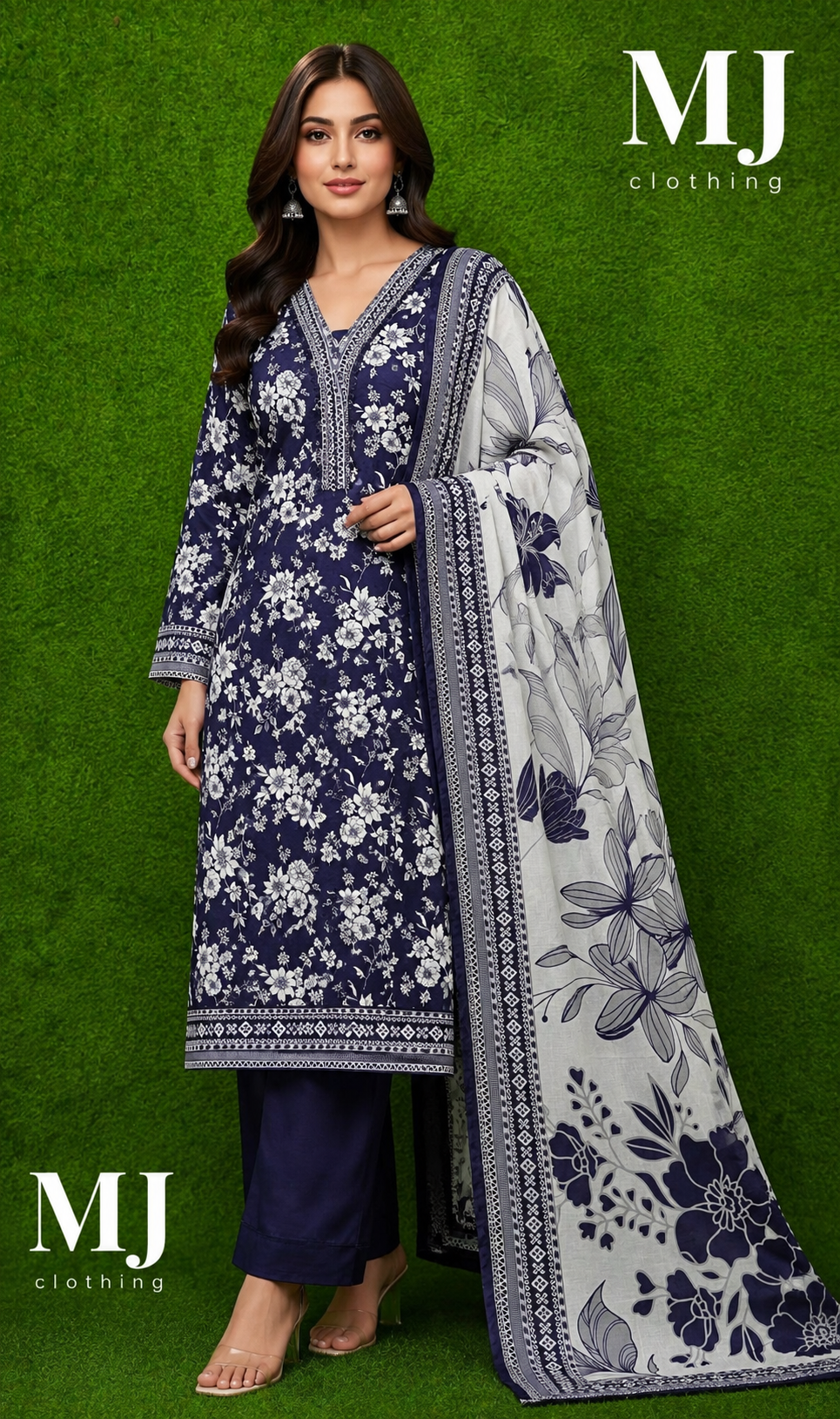 MJ Clothing Navy Blue Floral 3 Piece Stitched Lawn Suit | Premium Casual Wear