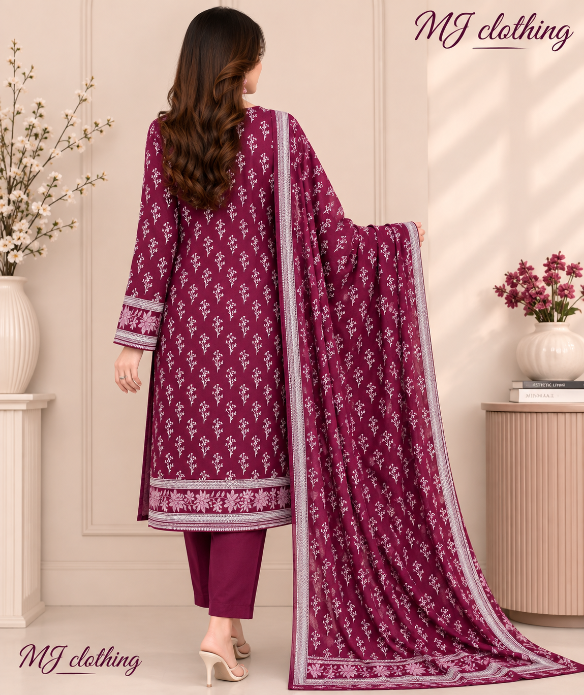 MJ Clothing Premium Mehroon  3 Piece Stitched Suit