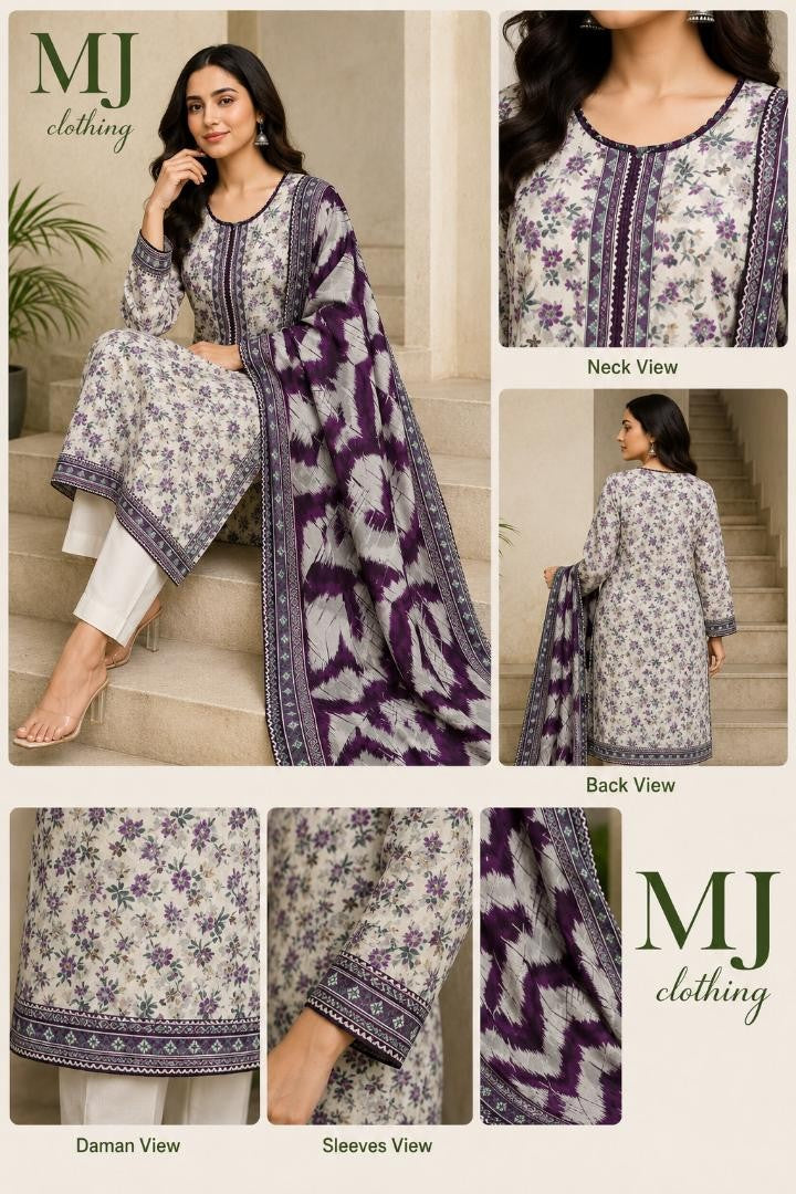 Purple Floral Premium Lawn 3 Piece Stitched Suit with Printed Dupatta | Casual Wear | MJ Clothing