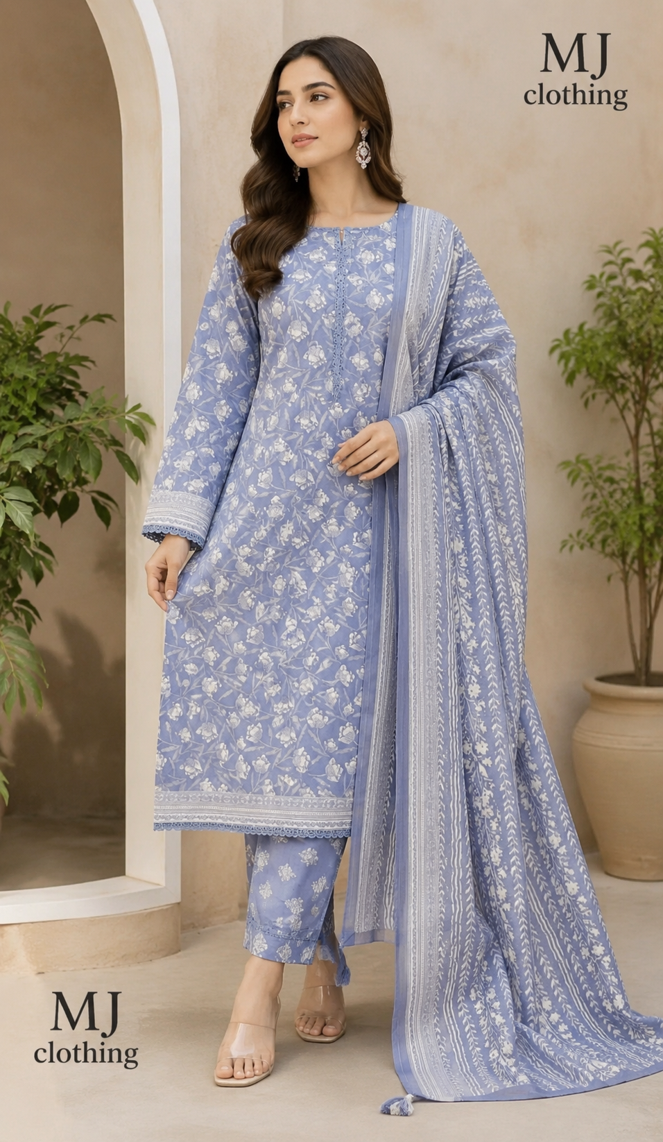 MJ Clothing – Dusty Periwinkle Blue Floral 3 Piece Stitched Suit | Premium Ready-to-Wear Collection