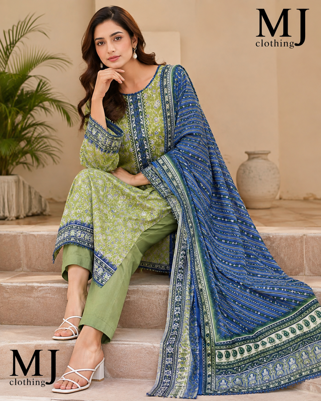 MJ Clothing Olive Green Floral 3 Piece Stitched Suit | Premium Casual Wear