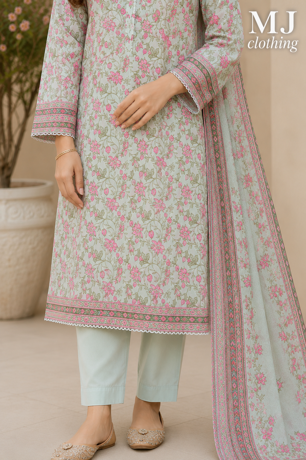 MJ Clothing Mint Green Floral 3 Piece Stitched Suit – Premium Lawn Casual Wear