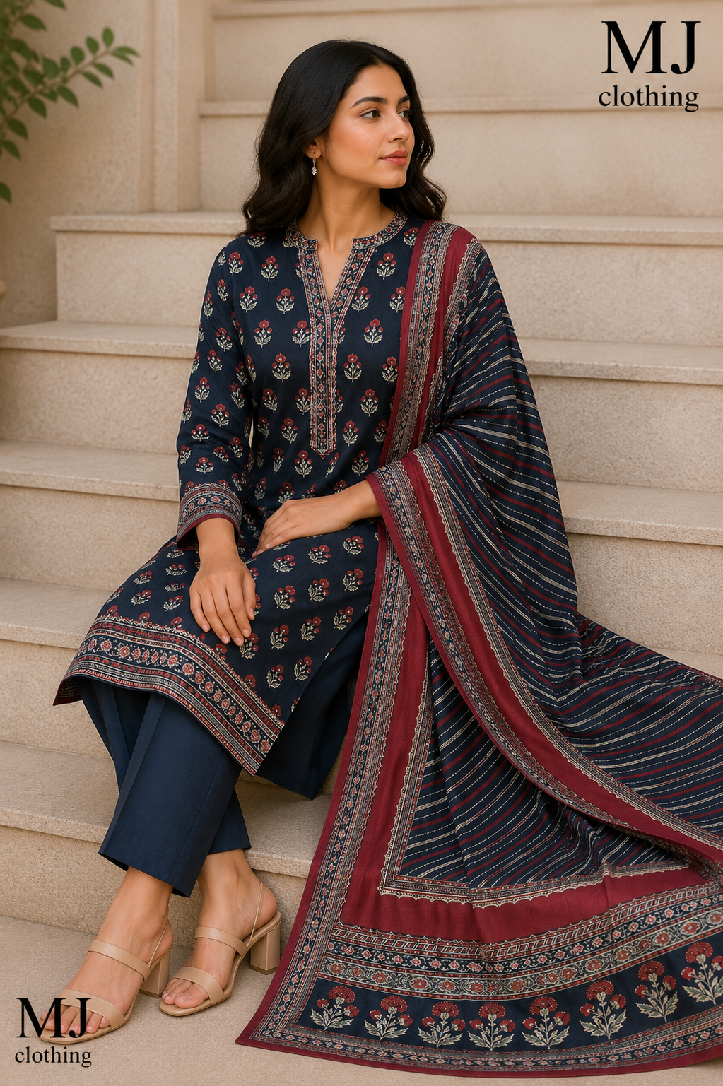MJ Clothing – Midnight Navy Floral 3 Piece Stitched Suit