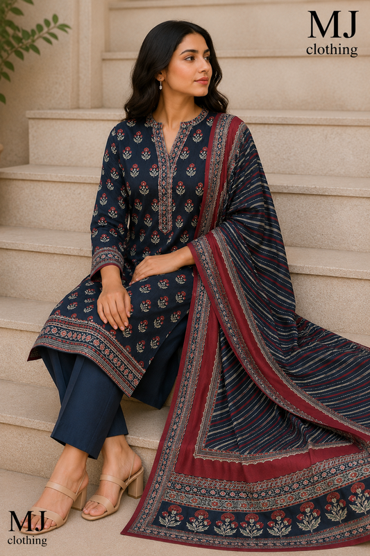 MJ Clothing – Midnight Navy Floral 3 Piece Stitched Suit