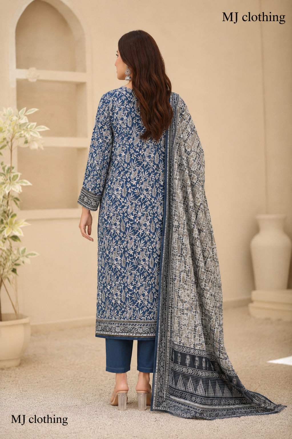 MJ Clothing Blue Floral Print 3 Piece Stitched Suit – Premium Casual Wear