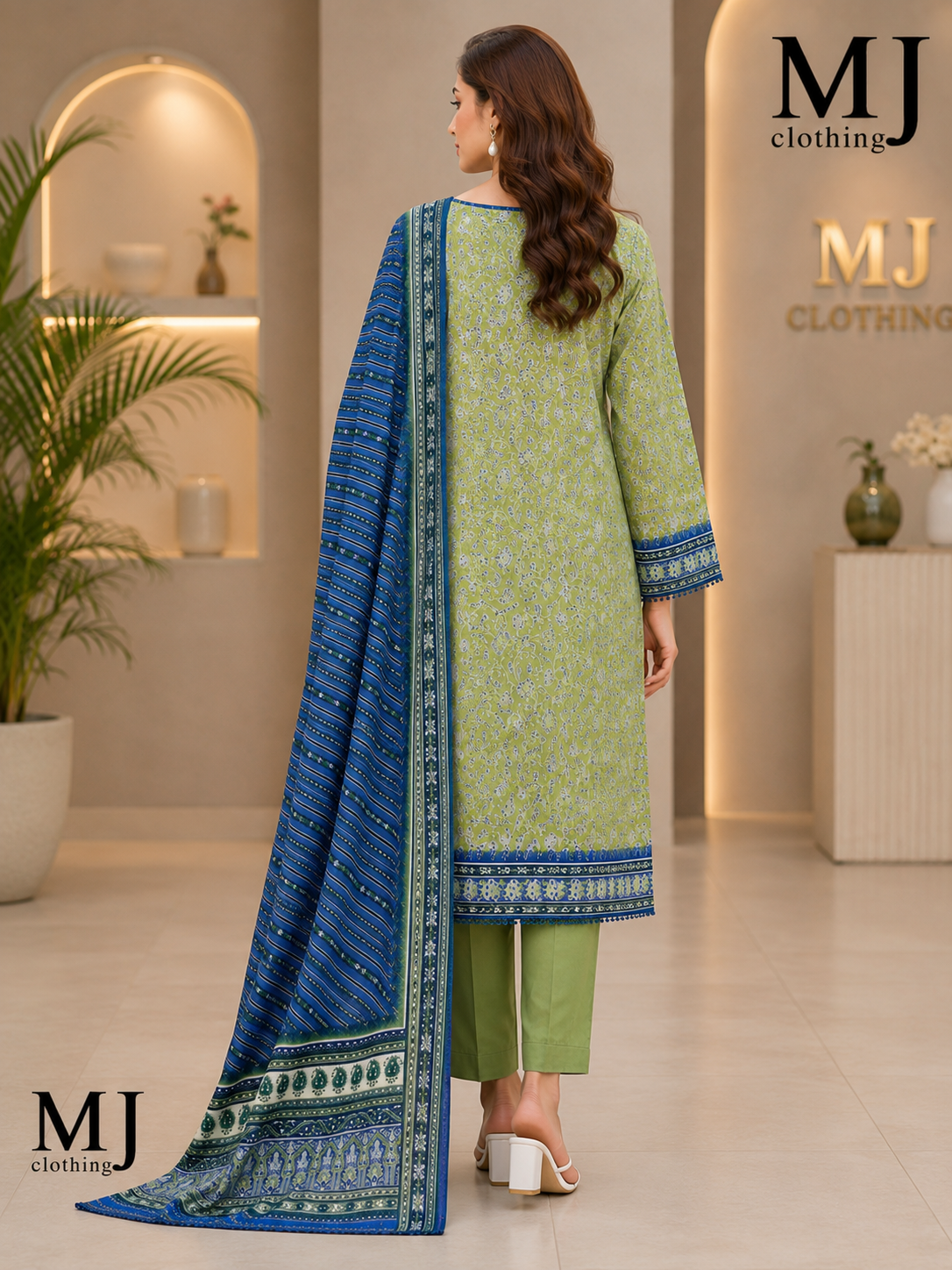 MJ Clothing Olive Green Floral 3 Piece Stitched Suit | Premium Casual Wear