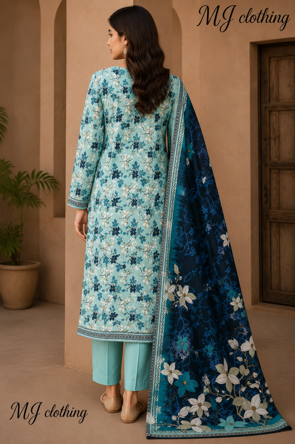 MJ Clothing Aqua Bloom | 3 Piece Stitched Suit – Aqua Blue Floral Premium Collection