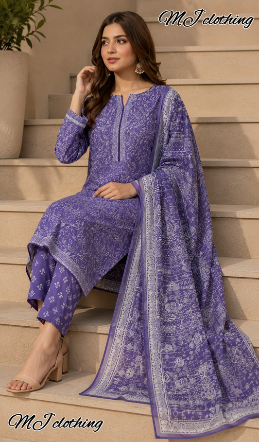 MJ Clothing Purple Bloom | 3 Piece Stitched Suit – Premium Casual Wear for Women