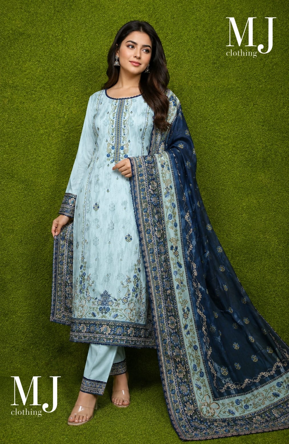 ✨💙 MJ Clothing Premium Casual Wear Collection – Embroidered 3-Piece Suit