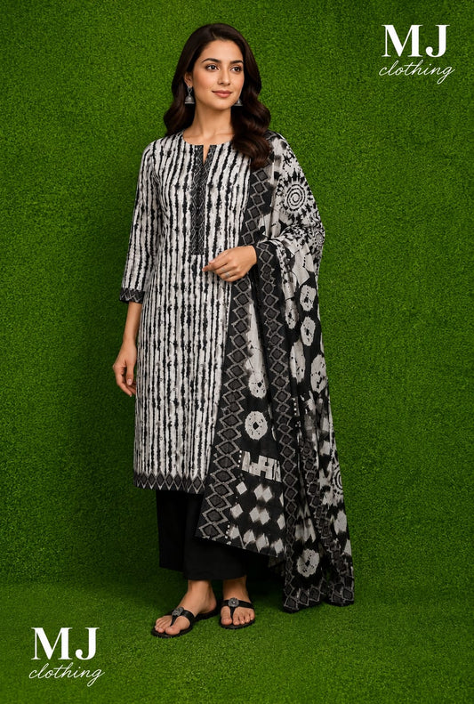 MJ Clothing Premium Black & White Printed Casual Wear 3-Piece Suit for Women