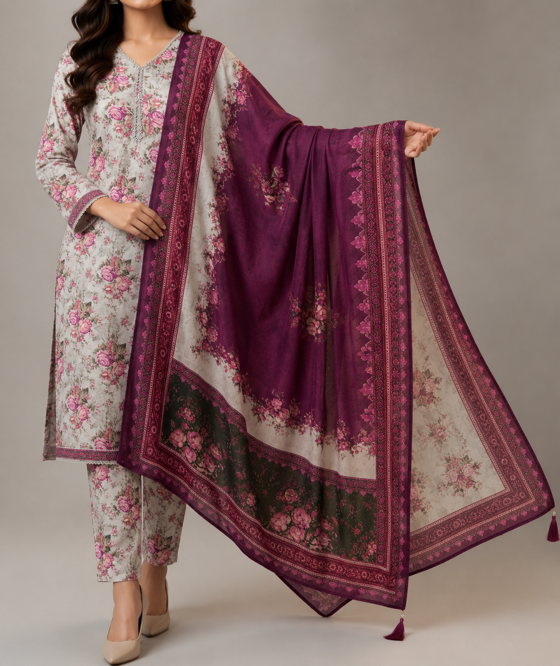 MJ Clothing Premium Floral Casual Wear 3 Piece Suit | Soft Lawn Fabric with Printed Dupatta