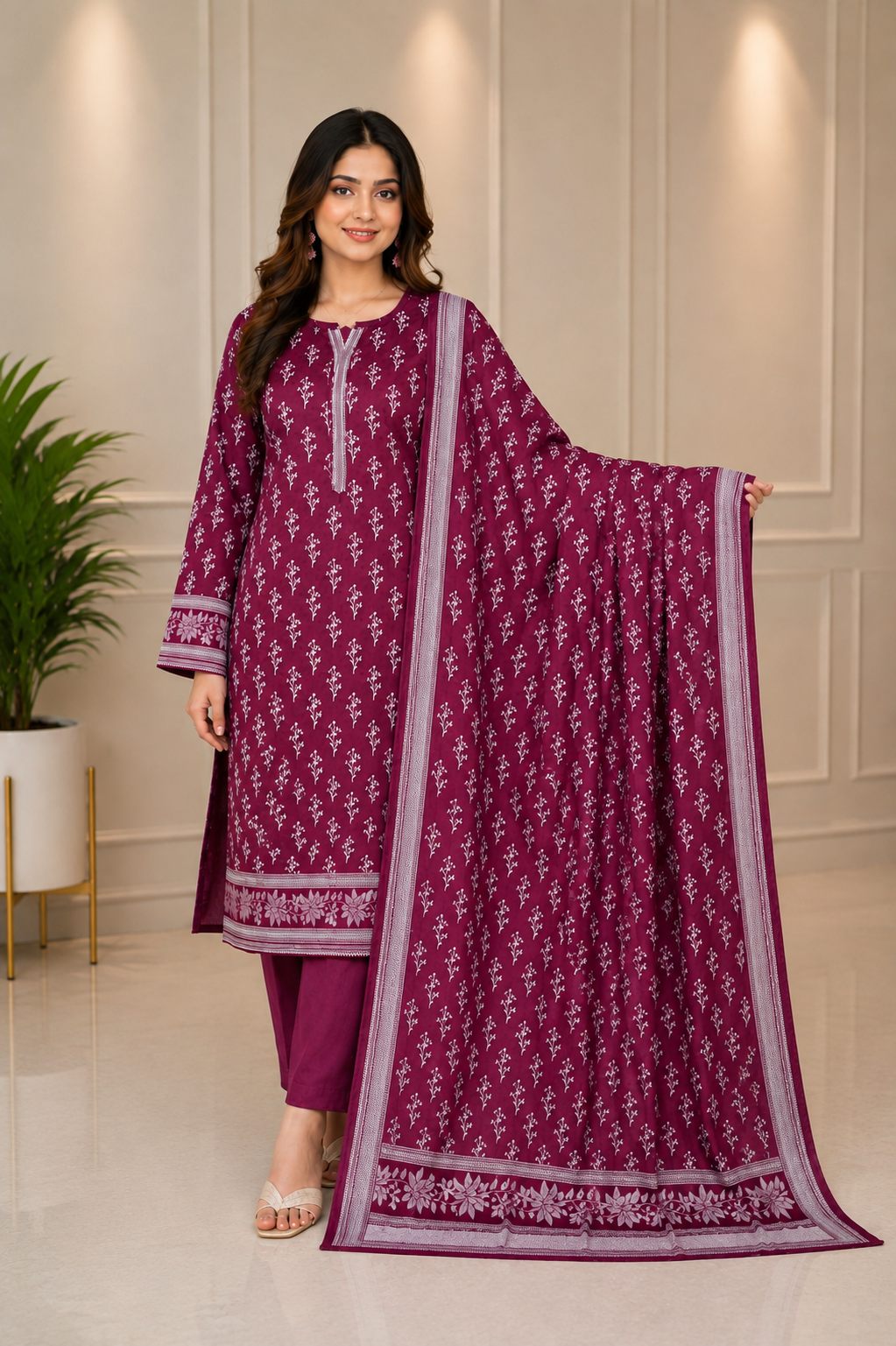 MJ Clothing Premium Mehroon  3 Piece Stitched Suit