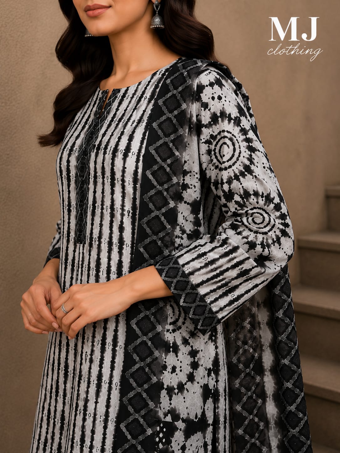 MJ Clothing Premium Black & White Printed Casual Wear 3-Piece Suit for Women