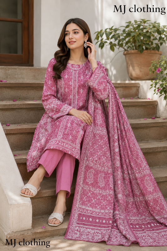 MJ Clothing Dusty Rose Pink 3 Piece Stitched Suit – Premium Casual Wear for Women