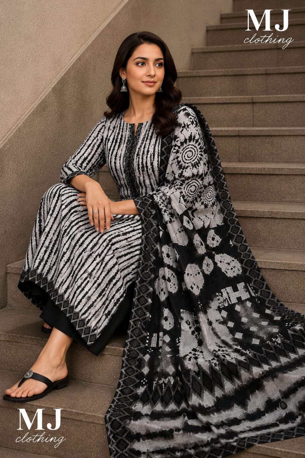 MJ Clothing Premium Black & White Printed Casual Wear 3-Piece Suit for Women