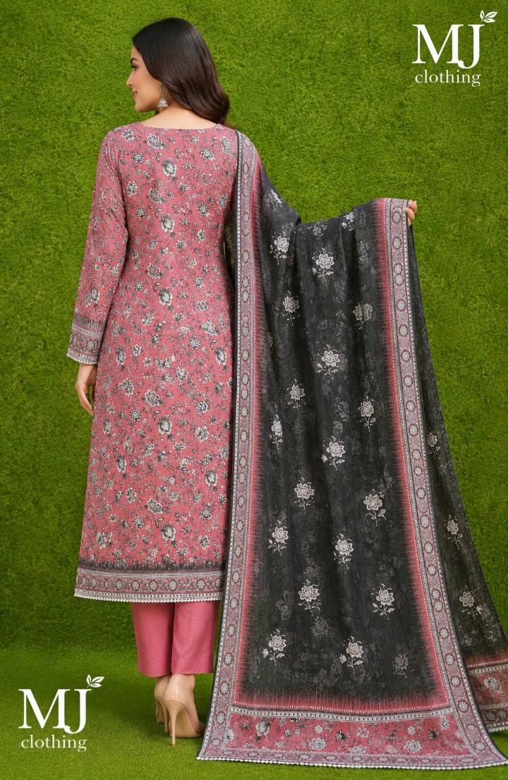 MJ Clothing Premium Pink Floral Printed 3-Piece Casual Wear Lawn Suit with Chiffon Dupatta