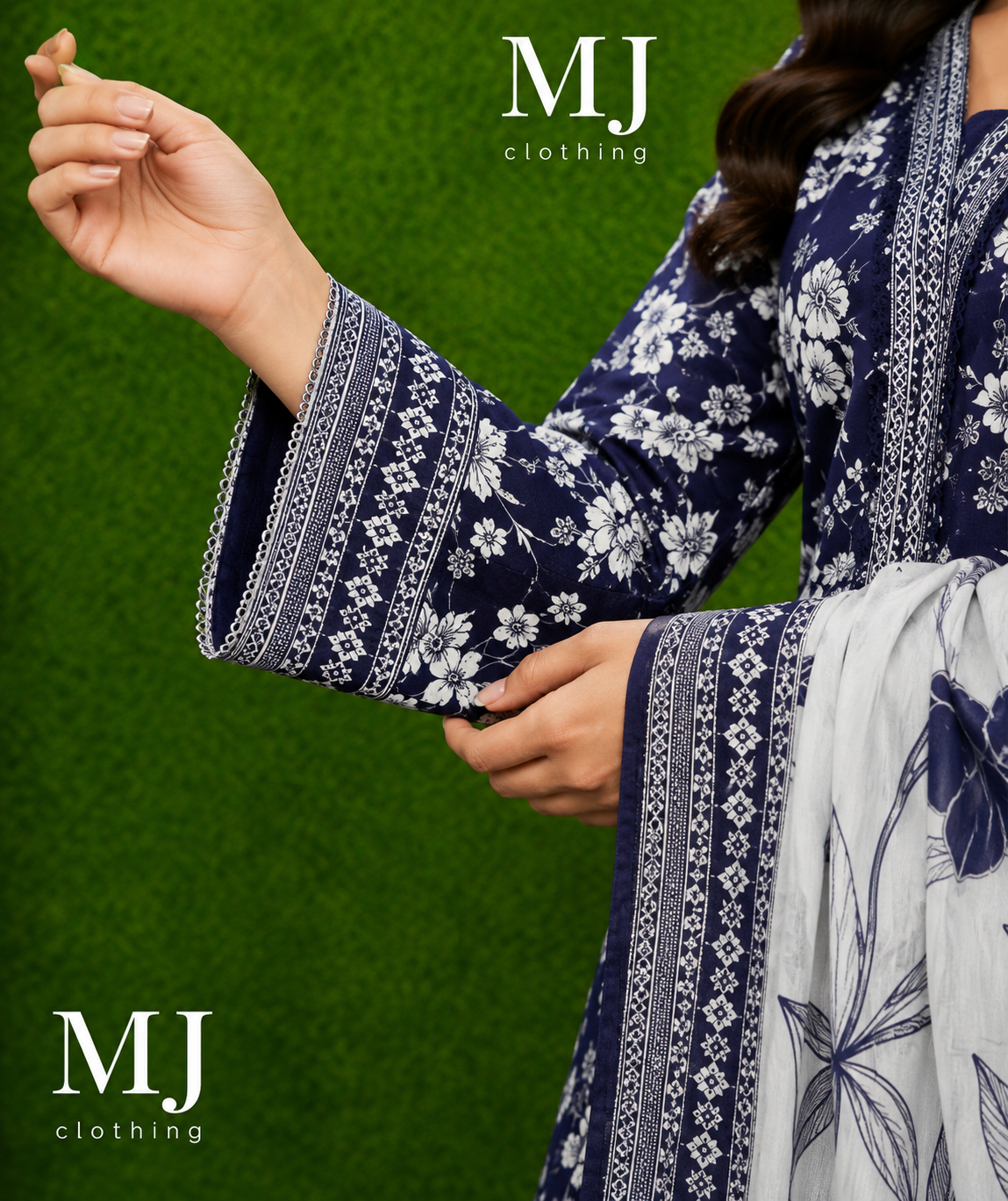 MJ Clothing Navy Blue Floral 3 Piece Stitched Lawn Suit | Premium Casual Wear