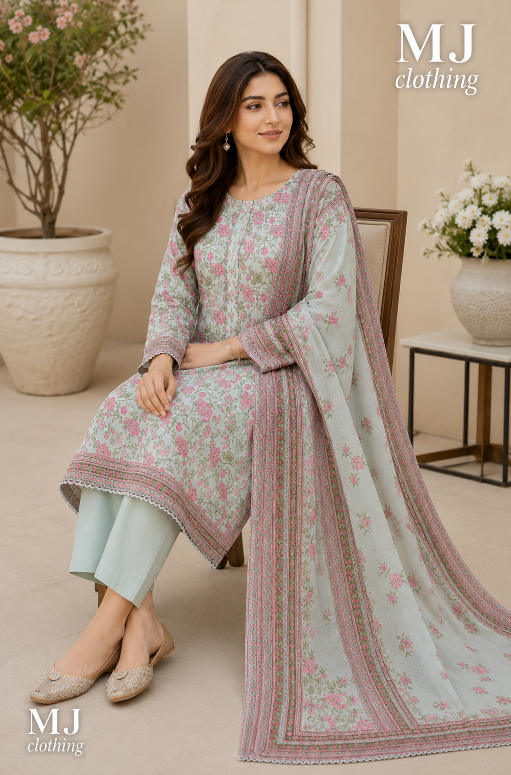 MJ Clothing Mint Green Floral 3 Piece Stitched Suit – Premium Lawn Casual Wear