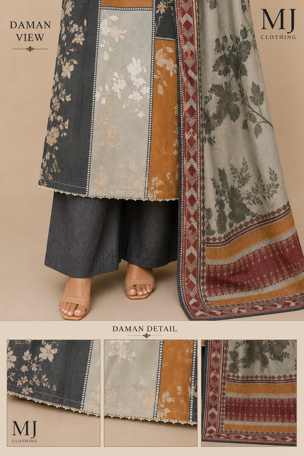 MJ Clothing Premium 3 Piece Stitched Lawn Suit – Mustard, Maroon, Grey & Off-White Printed Casual Wear with Dupatta