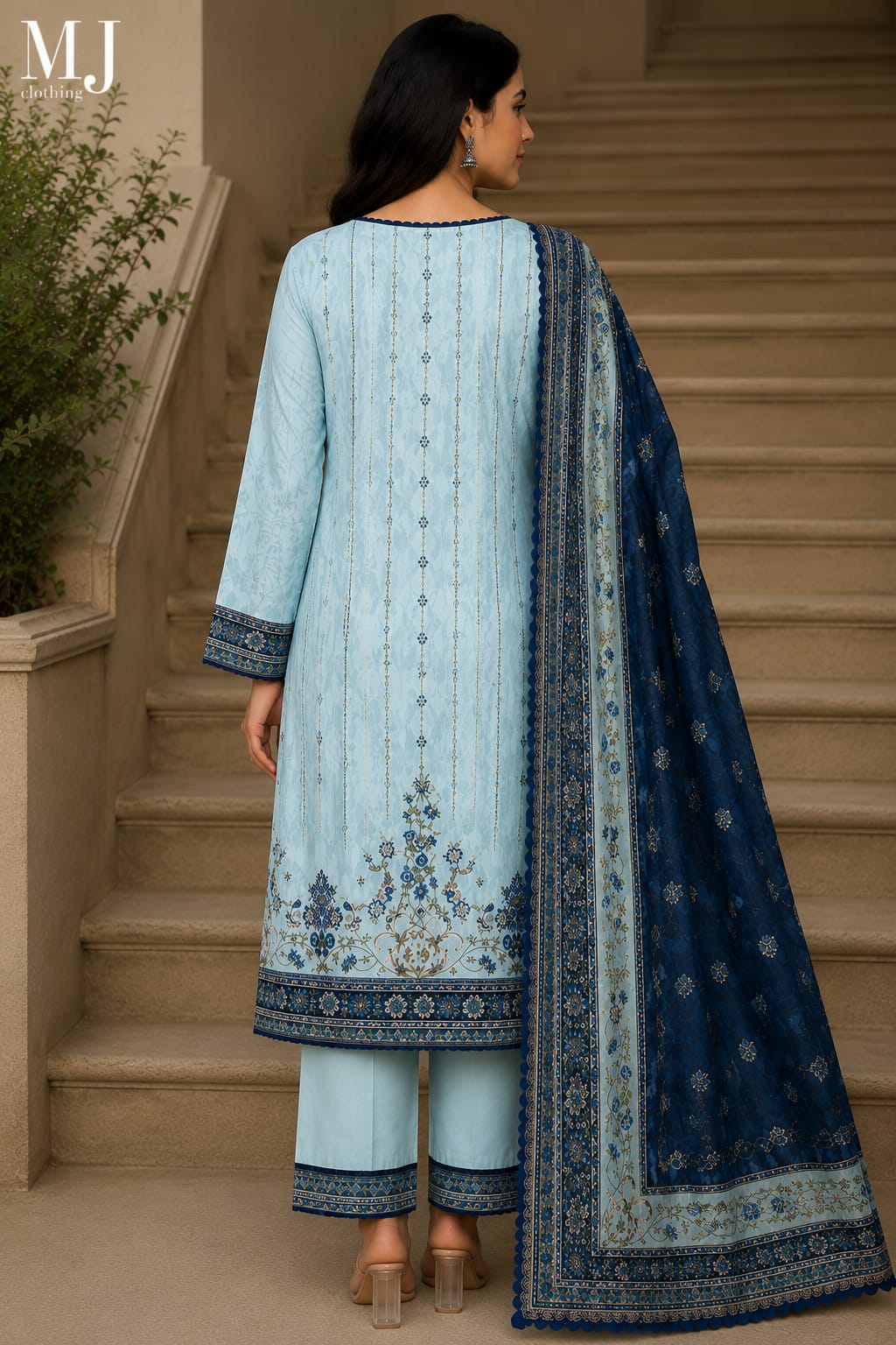 ✨💙 MJ Clothing Premium Casual Wear Collection – Embroidered 3-Piece Suit
