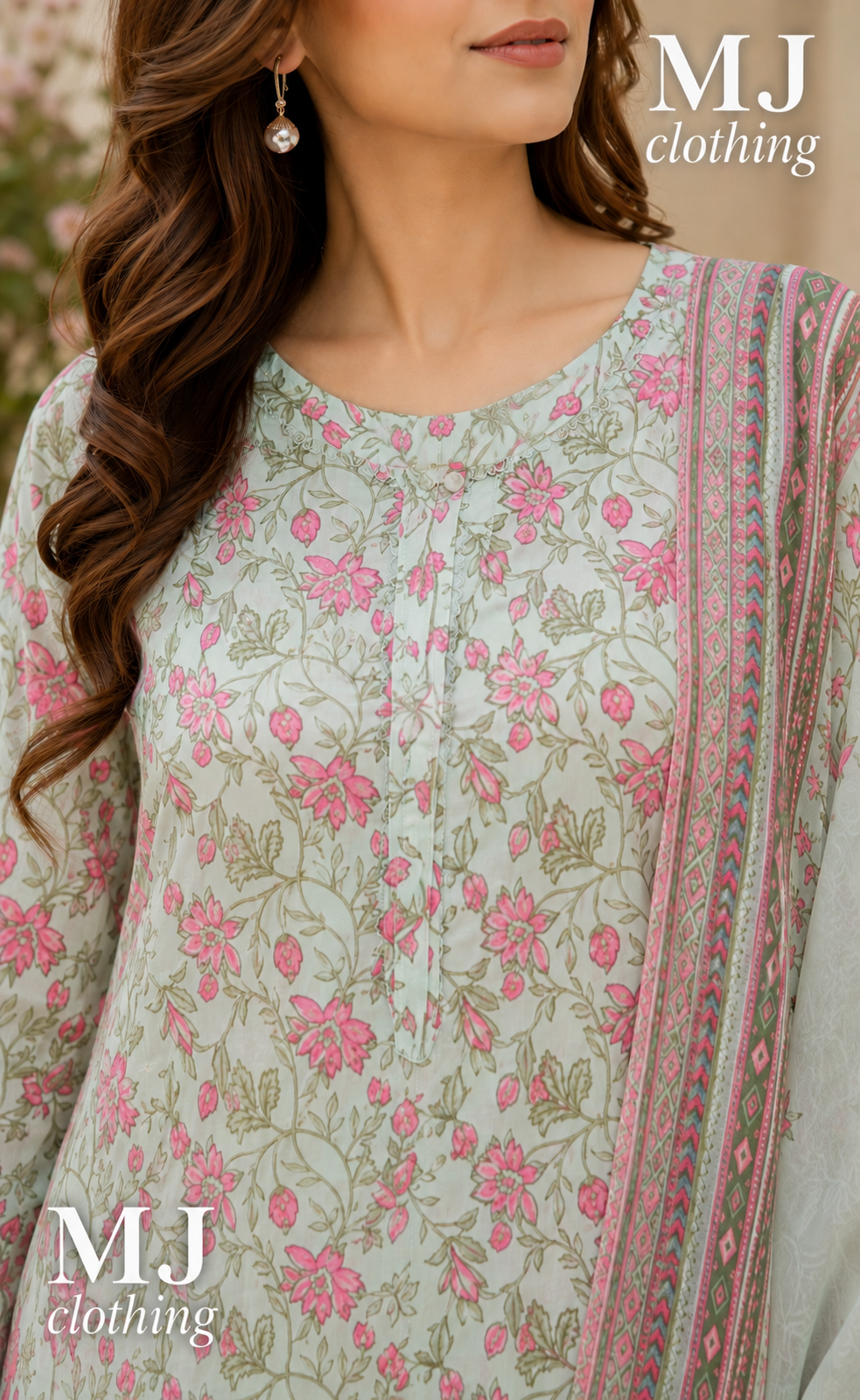 MJ Clothing Mint Green Floral 3 Piece Stitched Suit – Premium Lawn Casual Wear