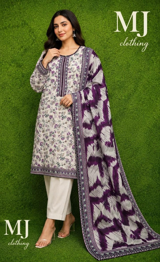 Purple Floral Premium Lawn 3 Piece Stitched Suit with Printed Dupatta | Casual Wear | MJ Clothing