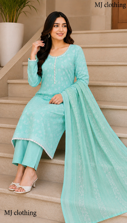 MJ Clothing Mint Aqua 3 Piece Stitched Suit | Premium Casual Wear for Women