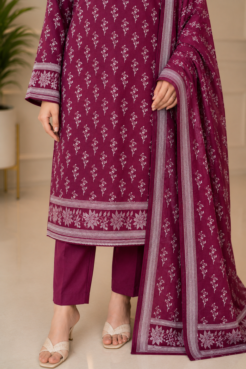 MJ Clothing Premium Mehroon  3 Piece Stitched Suit