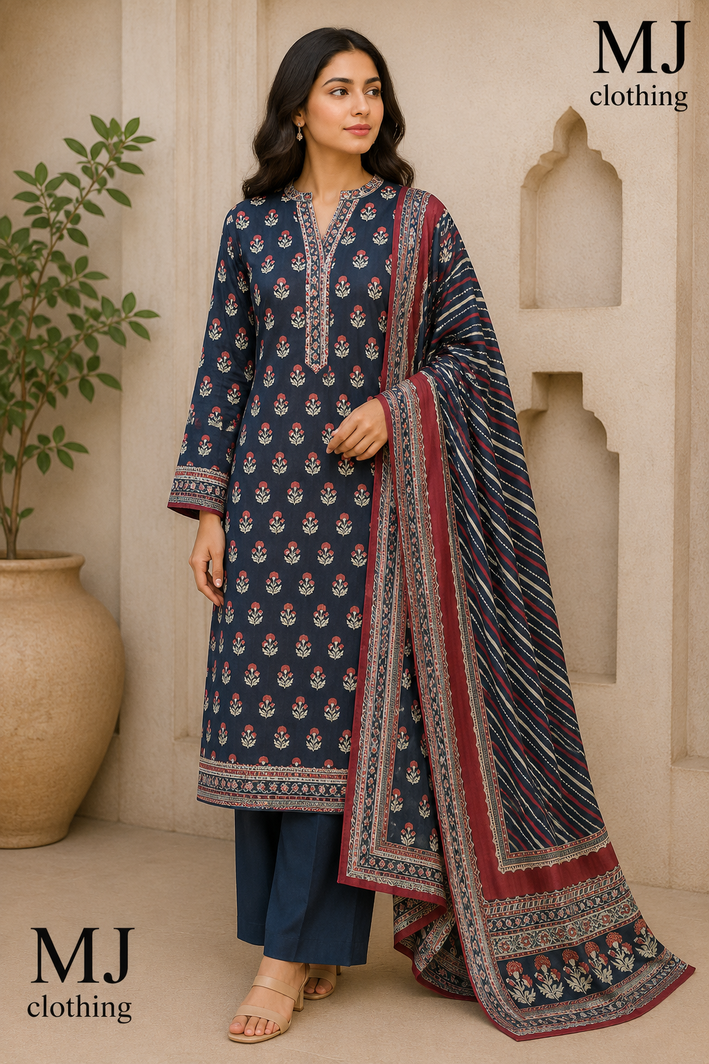 MJ Clothing – Midnight Navy Floral 3 Piece Stitched Suit