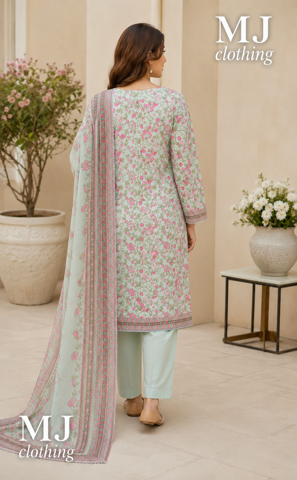 MJ Clothing Mint Green Floral 3 Piece Stitched Suit – Premium Lawn Casual Wear
