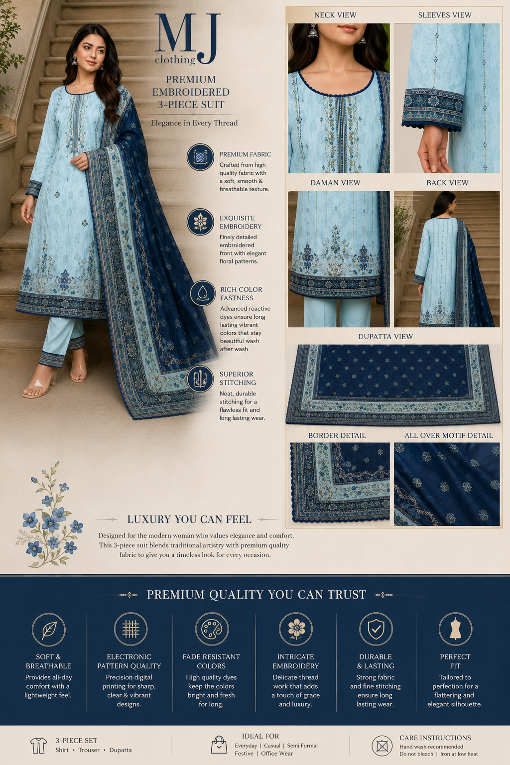 ✨💙 MJ Clothing Premium Casual Wear Collection – Embroidered 3-Piece Suit