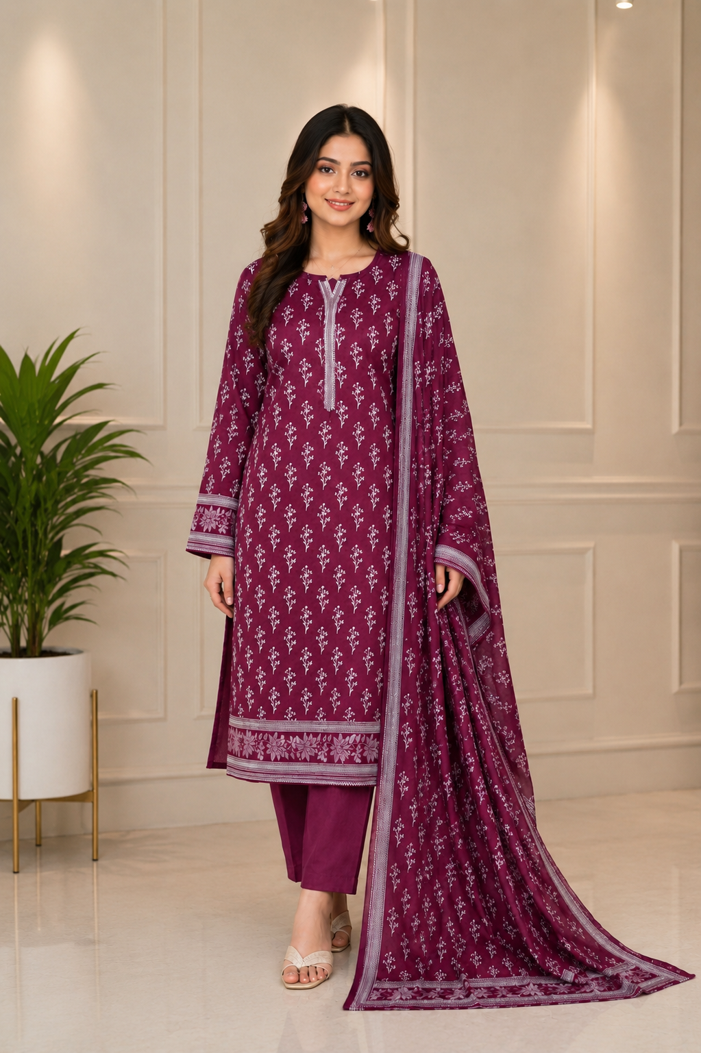 MJ Clothing Premium Mehroon  3 Piece Stitched Suit