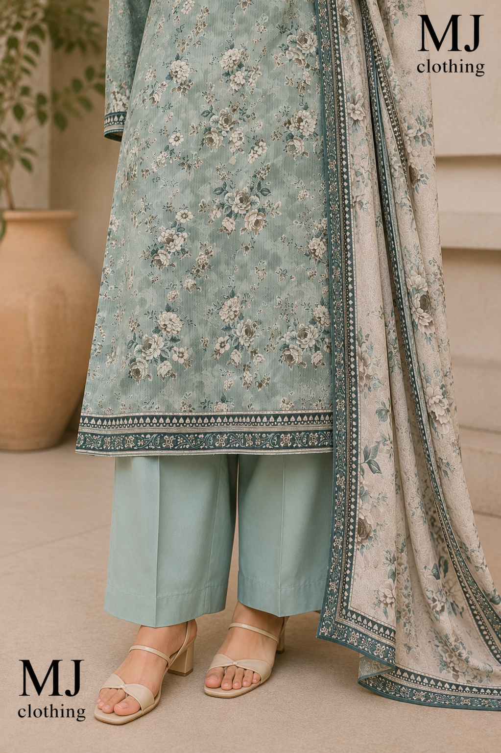 MJ Clothing | Sage Bloom 3 Piece Premium Printed Suit