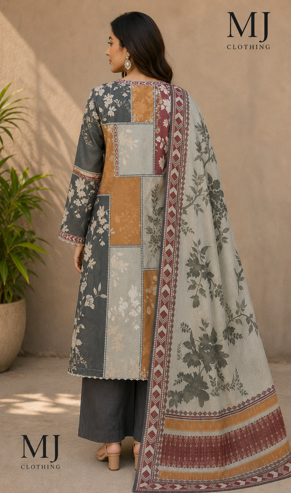 MJ Clothing Premium 3 Piece Stitched Lawn Suit – Mustard, Maroon, Grey & Off-White Printed Casual Wear with Dupatta