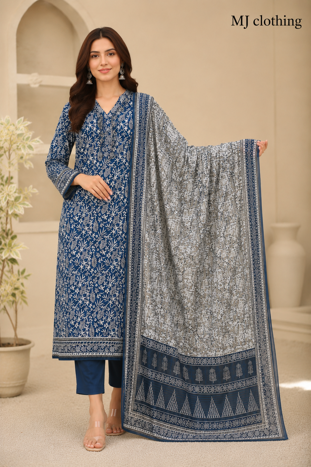MJ Clothing Blue Floral Print 3 Piece Stitched Suit – Premium Casual Wear