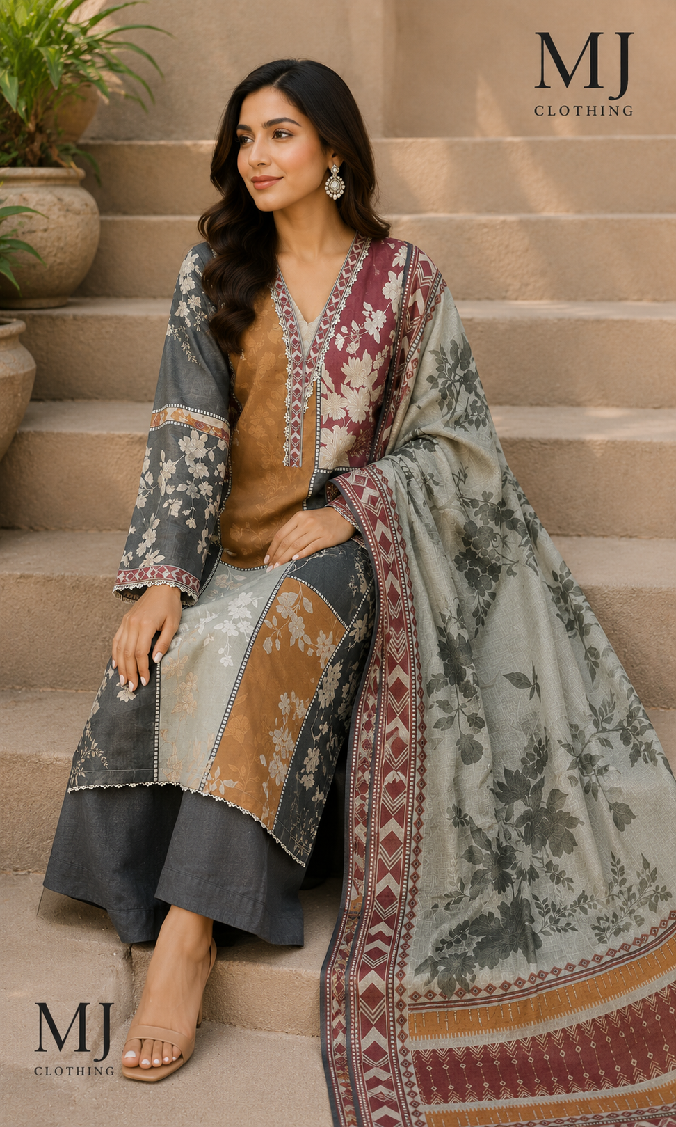 MJ Clothing Premium 3 Piece Stitched Lawn Suit – Mustard, Maroon, Grey & Off-White Printed Casual Wear with Dupatta