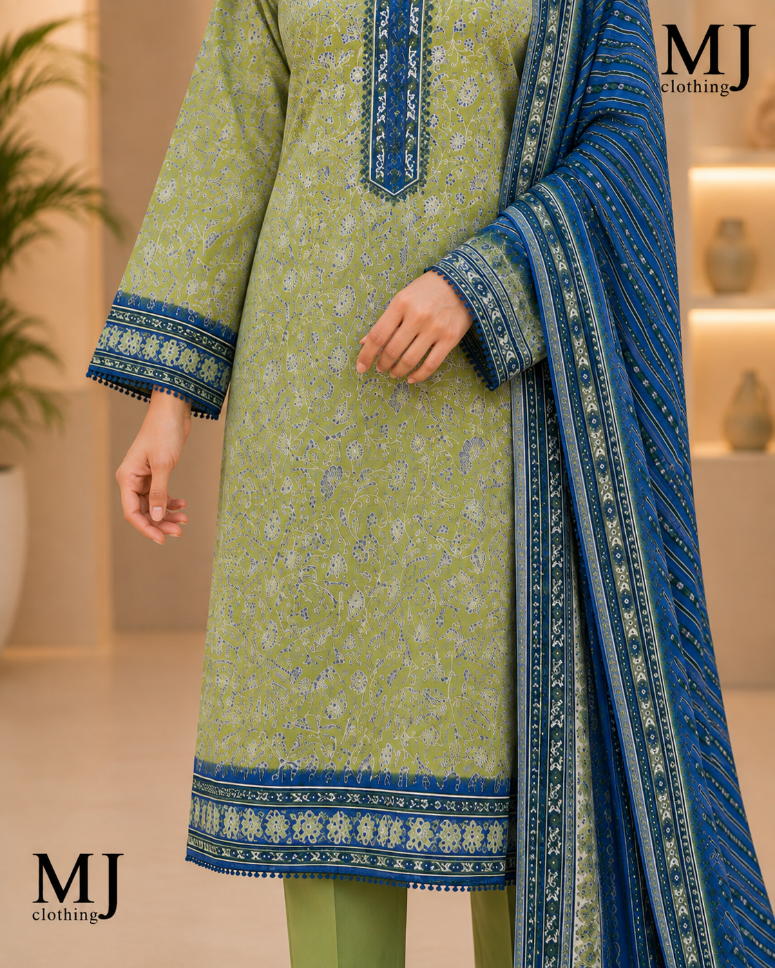 MJ Clothing Olive Green Floral 3 Piece Stitched Suit | Premium Casual Wear