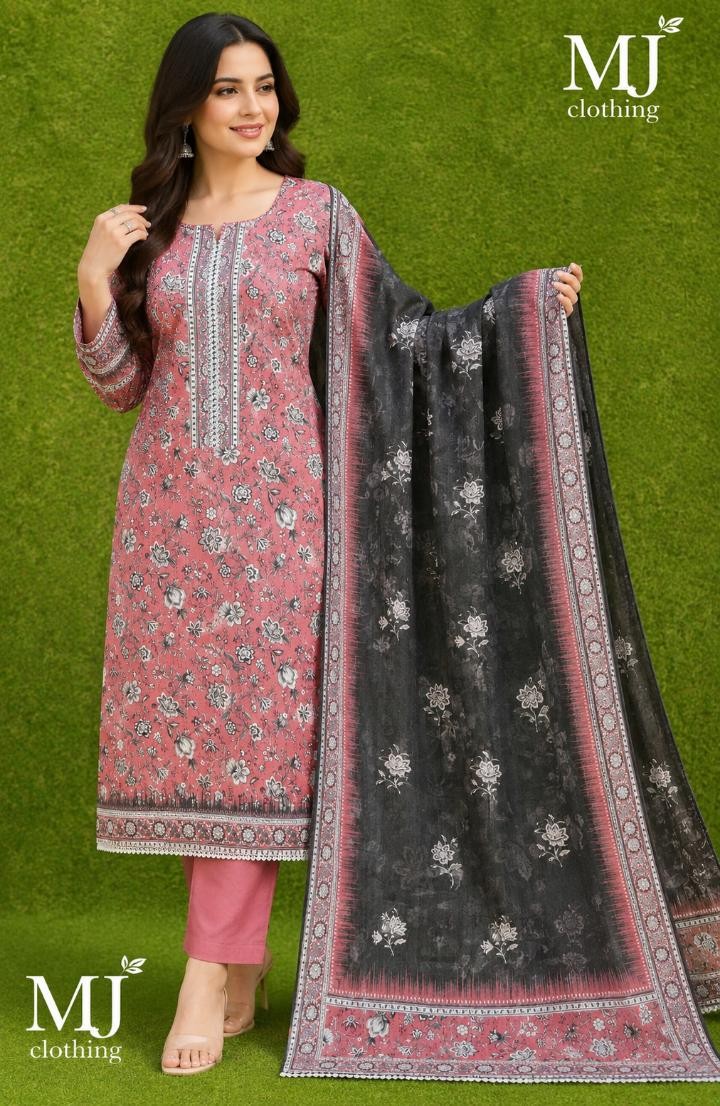 MJ Clothing Premium Pink Floral Printed 3-Piece Casual Wear Lawn Suit with Chiffon Dupatta