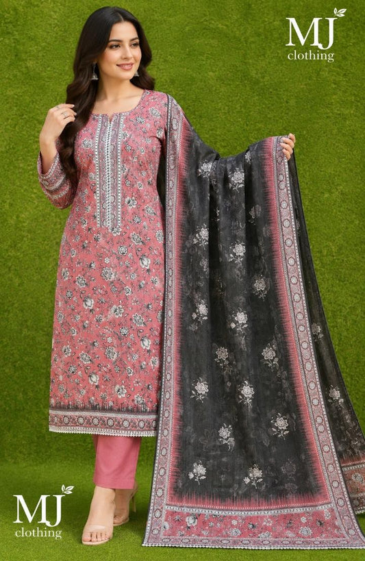 MJ Clothing Premium Pink Floral Printed 3-Piece Casual Wear Lawn Suit with Chiffon Dupatta