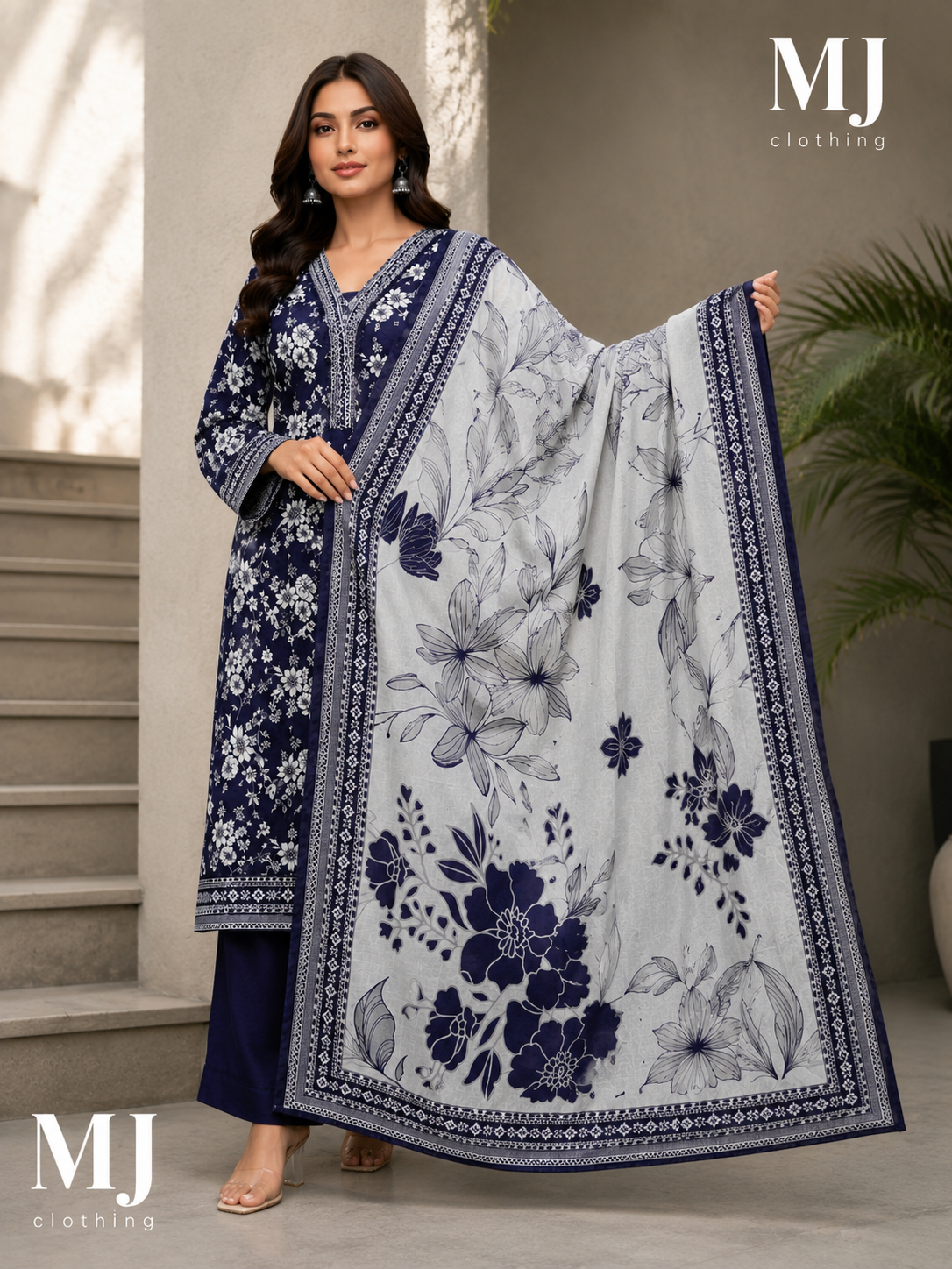 MJ Clothing Navy Blue Floral 3 Piece Stitched Lawn Suit | Premium Casual Wear