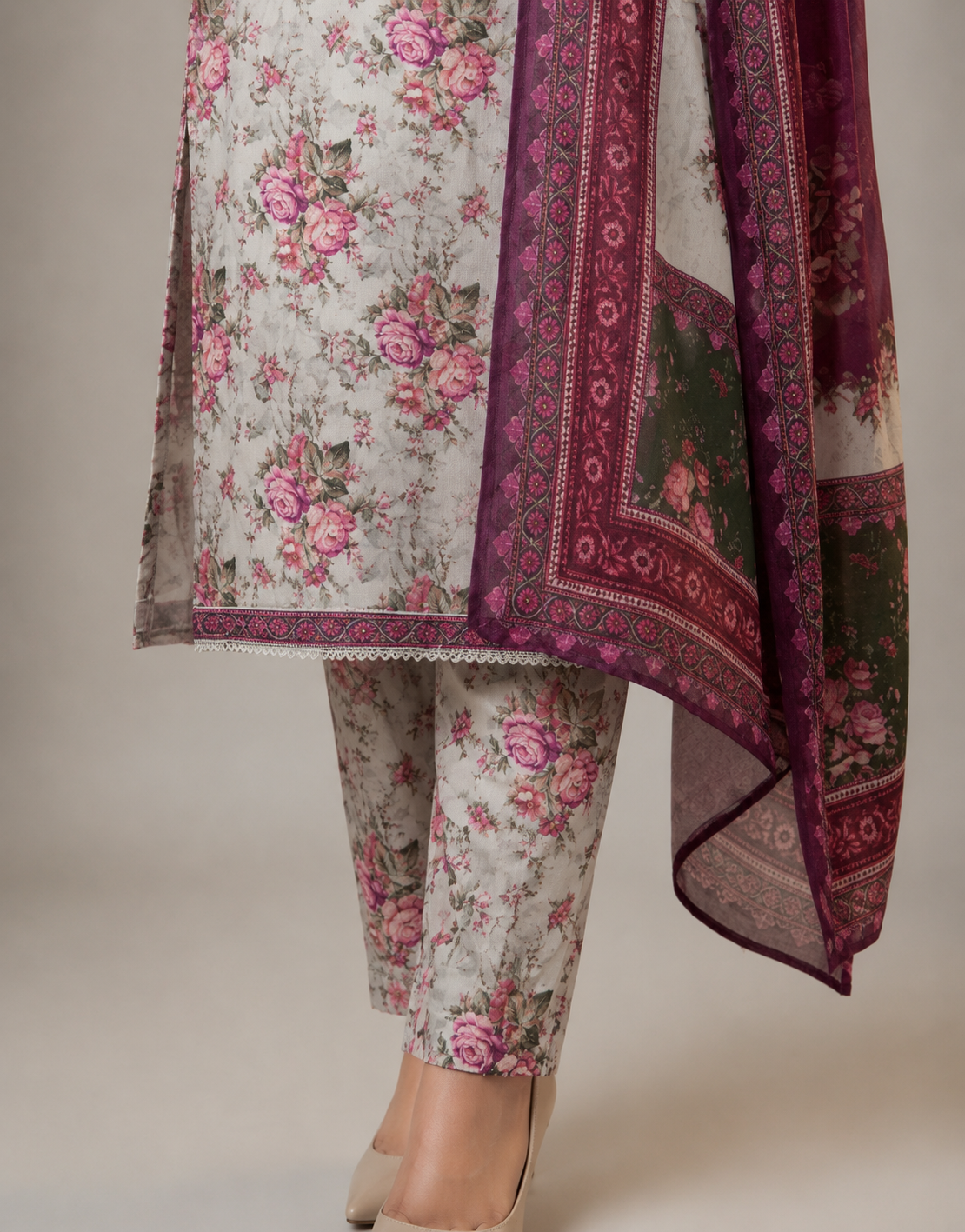 MJ Clothing Premium Floral Casual Wear 3 Piece Suit | Soft Lawn Fabric with Printed Dupatta