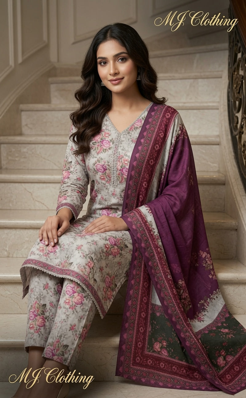 MJ Clothing Premium Floral Casual Wear 3 Piece Suit | Soft Lawn Fabric with Printed Dupatta