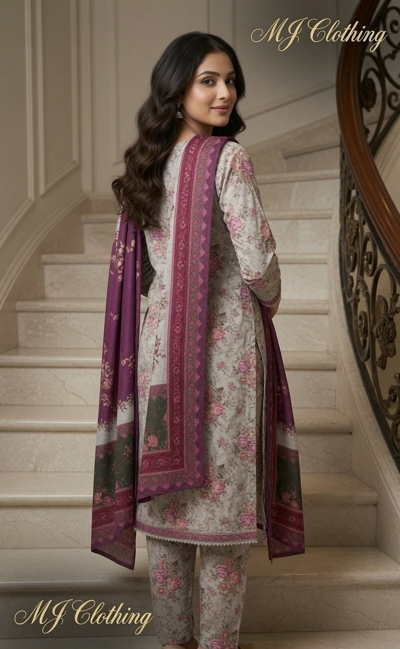MJ Clothing Premium Floral Casual Wear 3 Piece Suit | Soft Lawn Fabric with Printed Dupatta